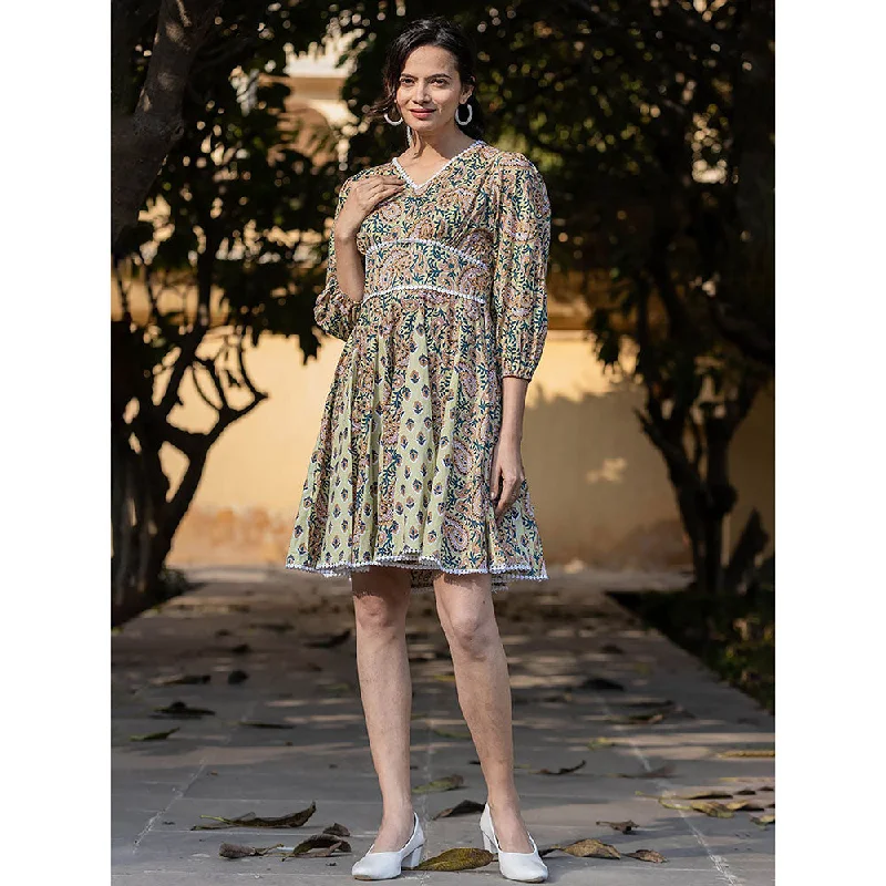 Yufta Green Pure Cotton Paisley & Tassels Mini Dress Comfortable One-Shoulder Mini Dress