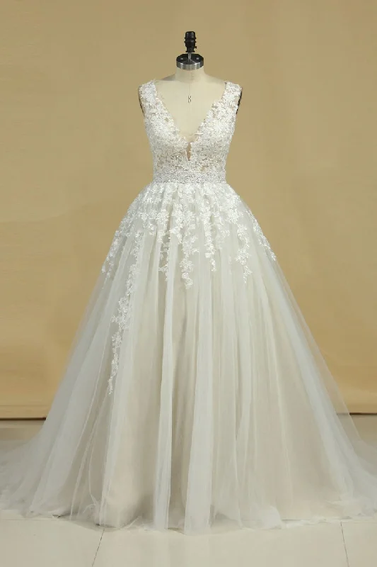 A Line Straps Prom Dress Tulle With Beads And Applique Floor Length