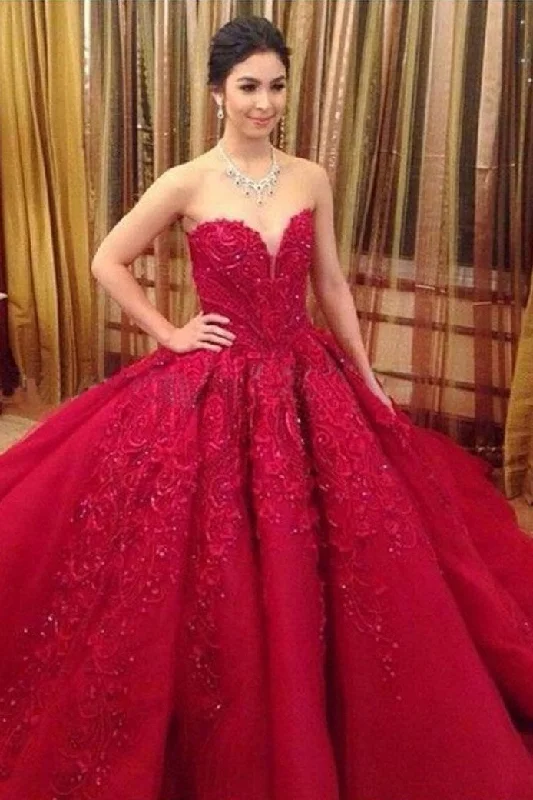 Ball Gown Red Sweetheart Tulle Prom Dress With Appliques Puffy Quinceanera Dress N2079