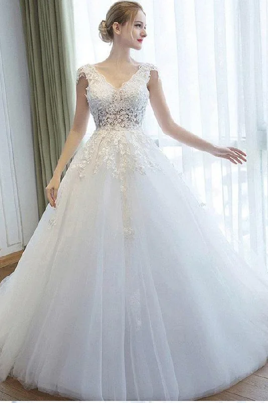Ball Gown V Neck Tulle Court Train Appliques Lace Backless Cap Sleeve Bridal Dress N1265