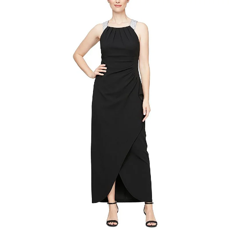 Petites Womens Halter Rhinestones Evening Dress