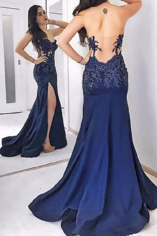 Dark Blue Strapless Long Evening Dress Sexy Sweetheart Appliqued Prom Dress N1167