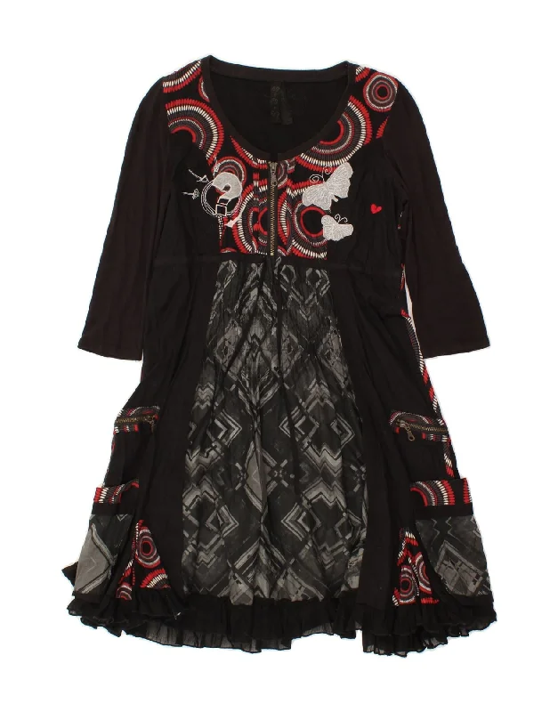 DESIGUAL Womens 3/4 Sleeve A-Line Dress UK 14 Medium Black Patchwork