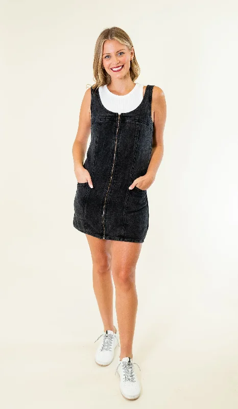 Front Zip Denim Dress - Black