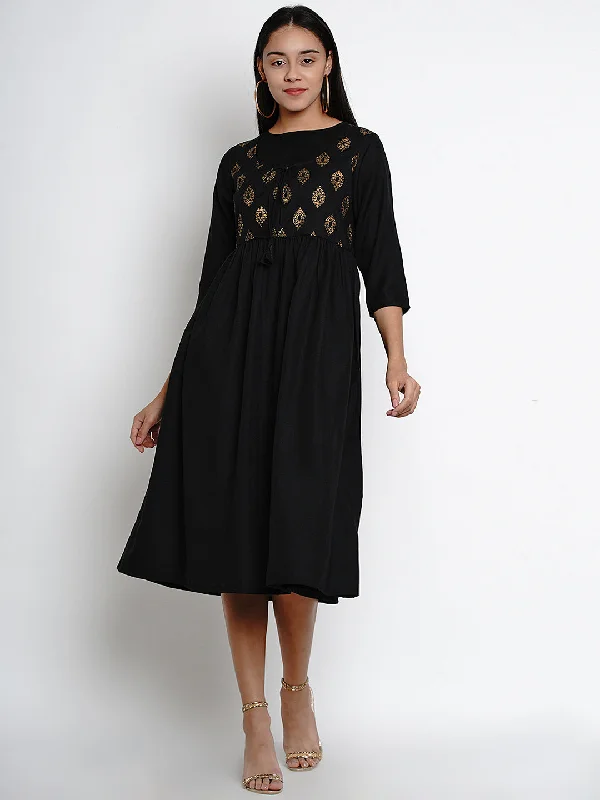 Jashvi Black Printed A-Line Dress