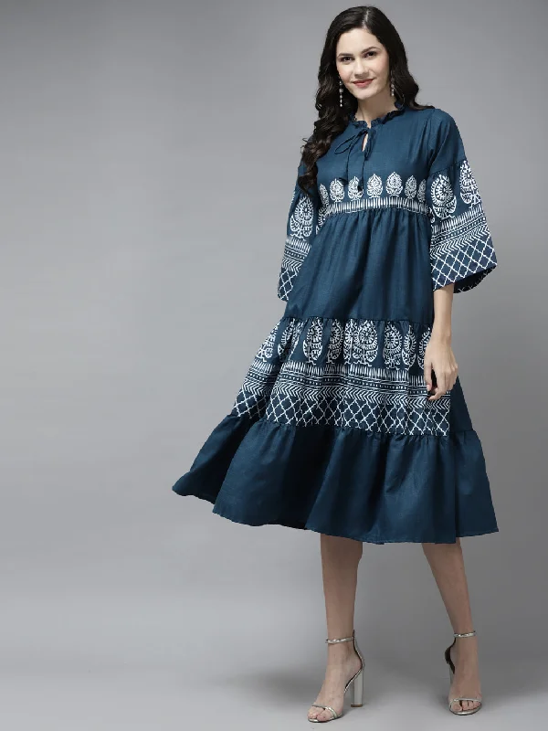 Jashvi Blue Printed Dress With Ruffle Detailing