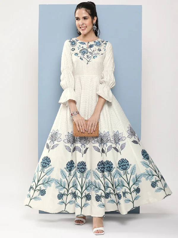 Jashvi Off-White & Blue Printed Long Dress With Waist Belt
