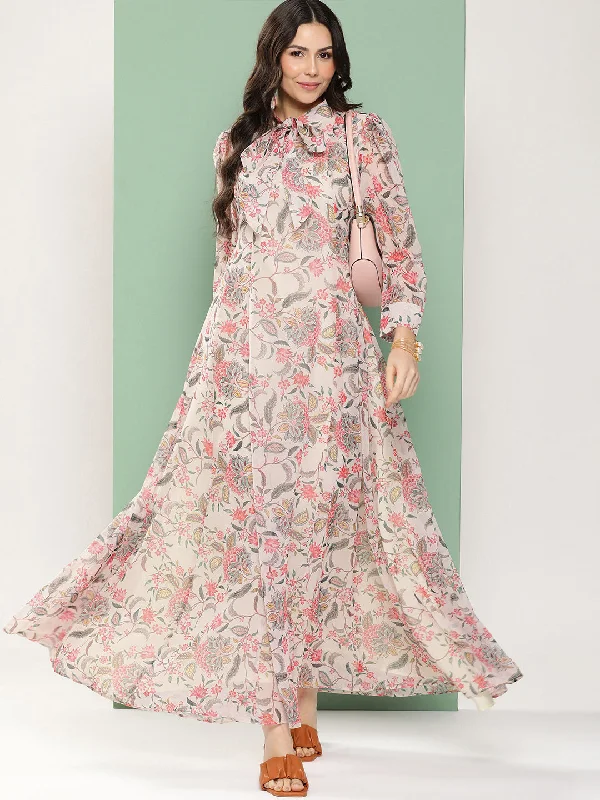 Jashvi Off-White Printed Long Dress With Tie-Up Neck