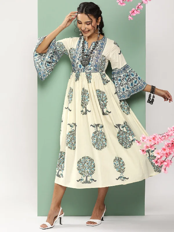 Jashvi Off-White Printed Long Dress With Waist Belt