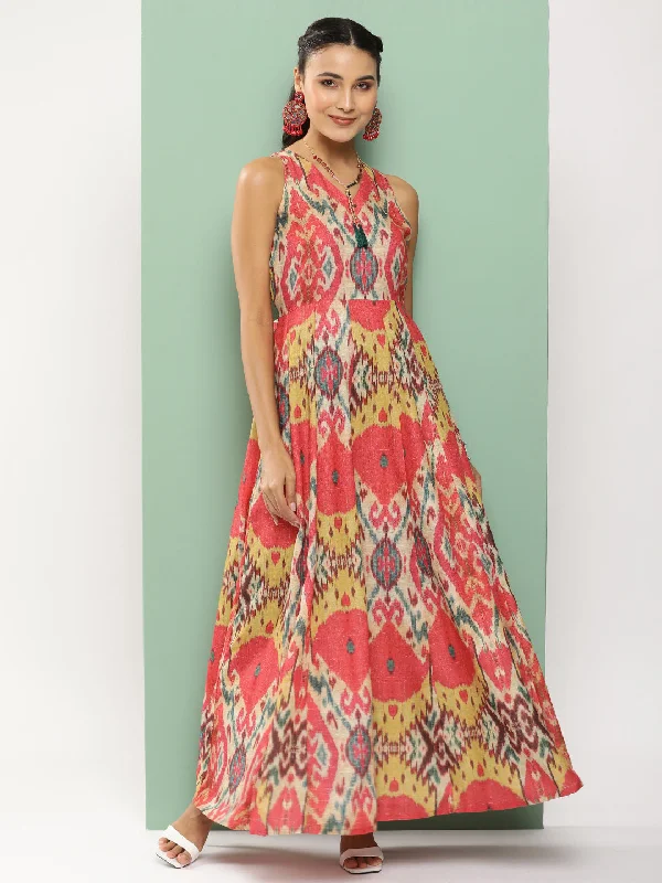 Jashvi Red Printed Long Dress With Waist Belt
