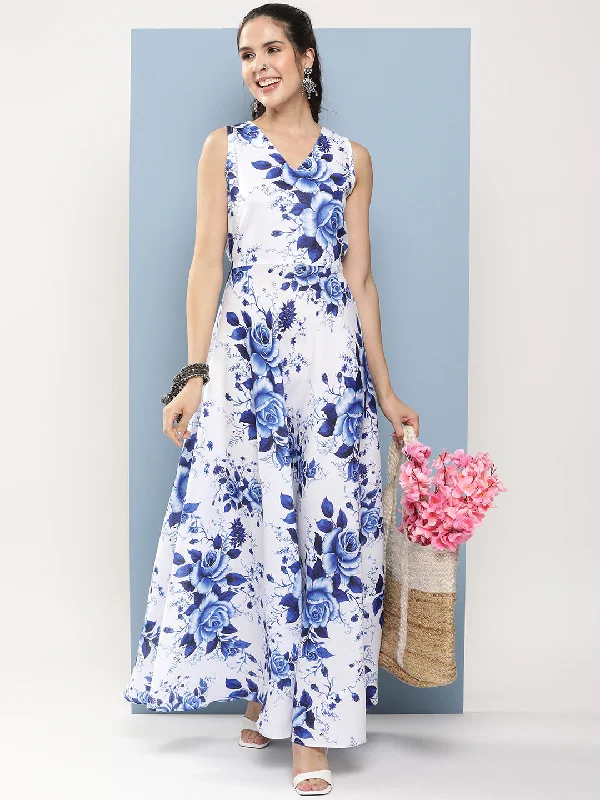 Jashvi White & Blue Printed Long Dress With Waist Belt