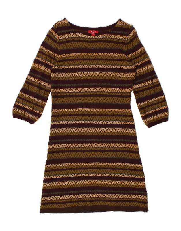 MONSOON Womens 3/4 Sleeve Jumper Dress UK 14 Medium Khaki Chevron Acrylic