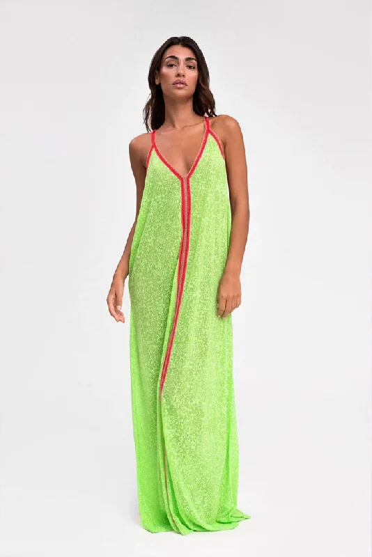 Lime Green Beach Cover Up - Pitusa Inca Sundress with Red Trim