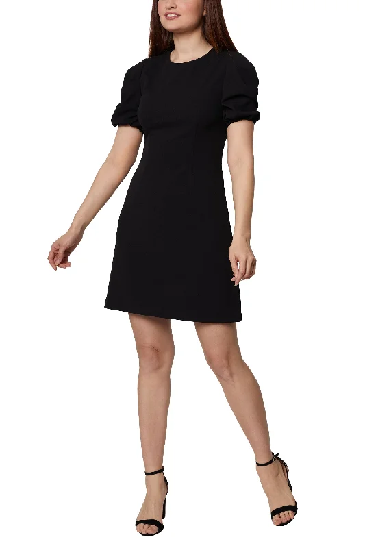 Sage Collective Crew Neck Short Puff Sleeve Hidden Zipper Back Scuba Crepe Dress