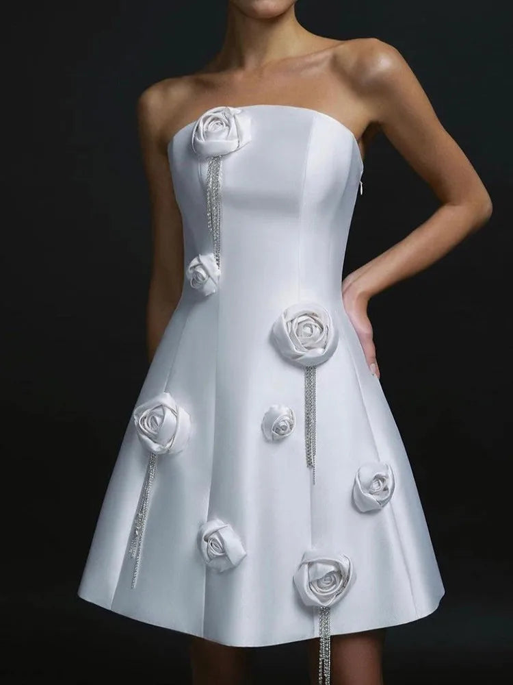 Solid Flowers Drill Chain Spliced Dresses