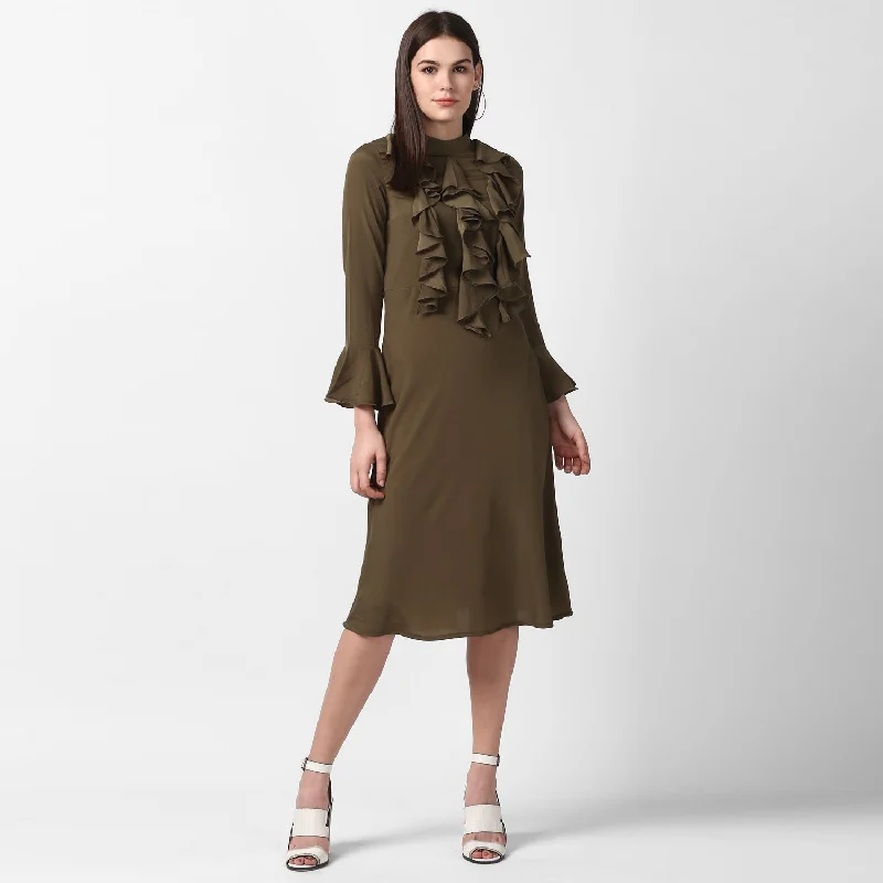 Olive Polyester Front Ruffle Bell Sleeve Dress