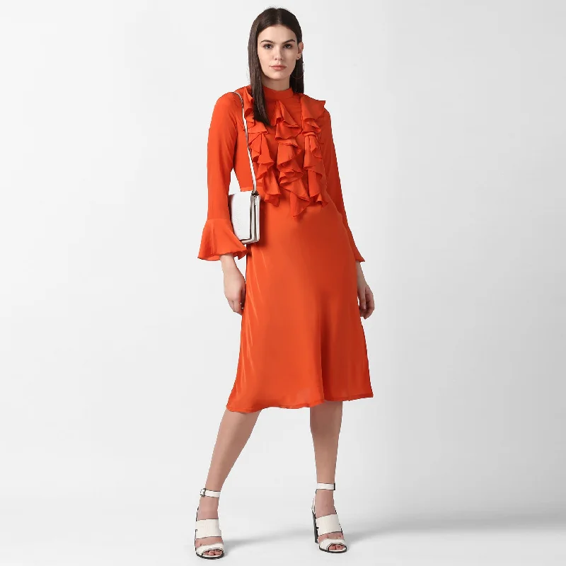 Orange Polyester Front Ruffle Bell Sleeve Dress
