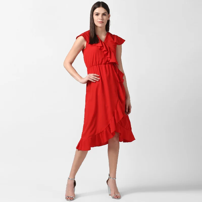 Red Polyester Front Ruffle Dress