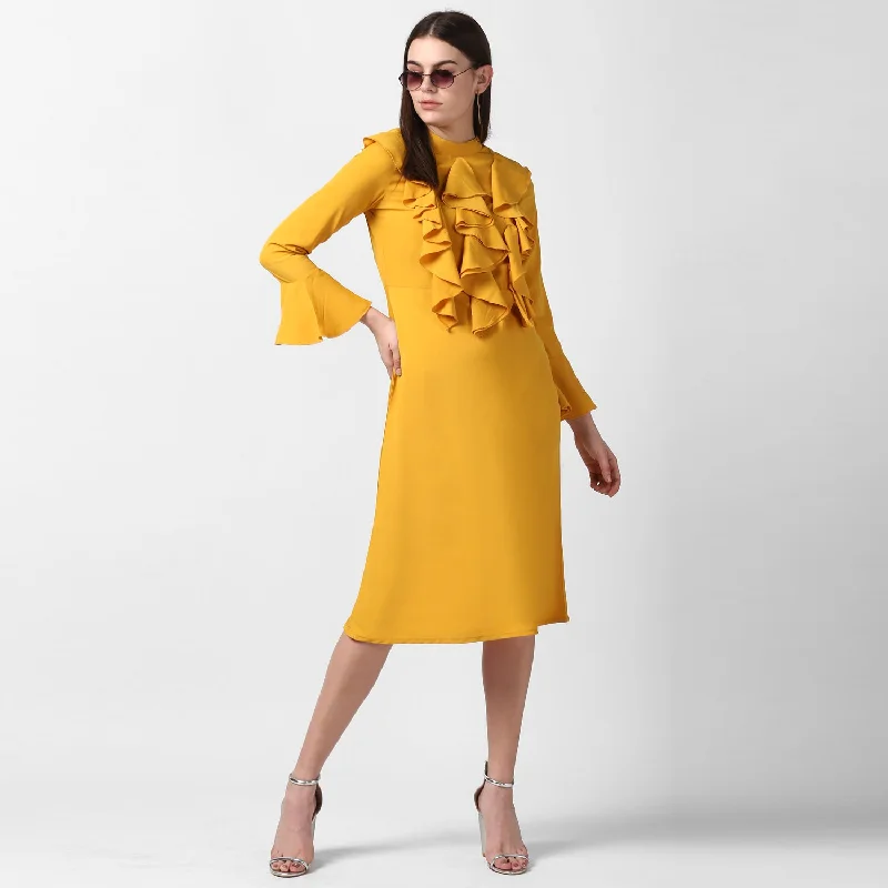 Yellow Polyester Front Ruffle Bell Sleeve Dress