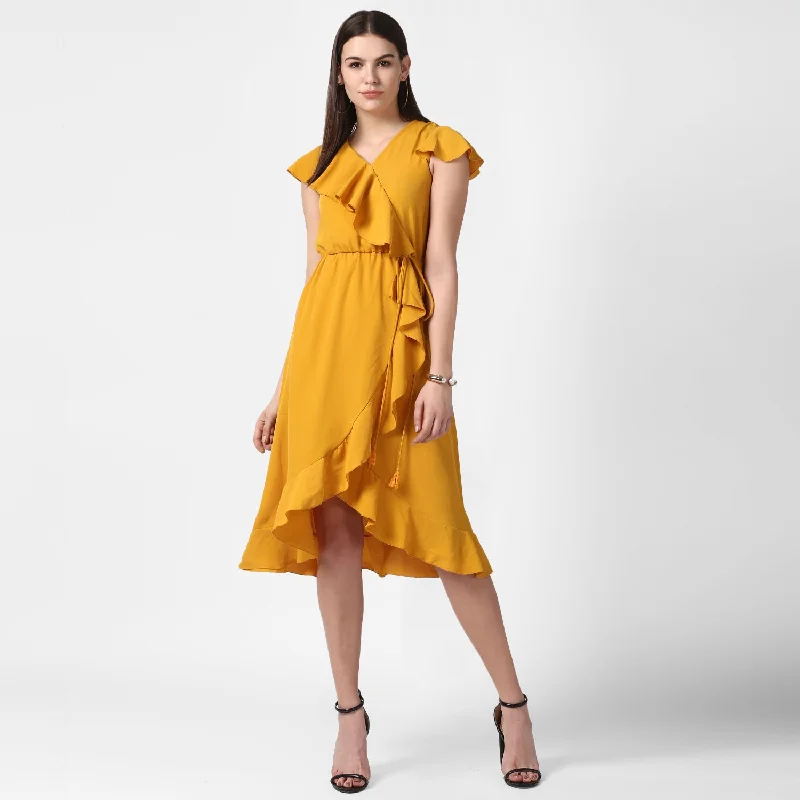 Yellow Polyester Front Ruffle Dress