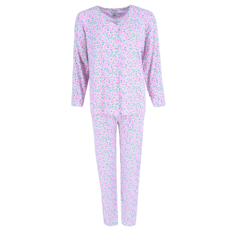 Gabriella Women's Button Up Long Sleeve & Pant Pink Floral Set