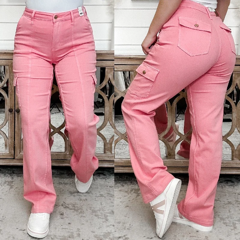 Judy Blue Tessa High Rise Cargo Straight Leg Pink Jeans