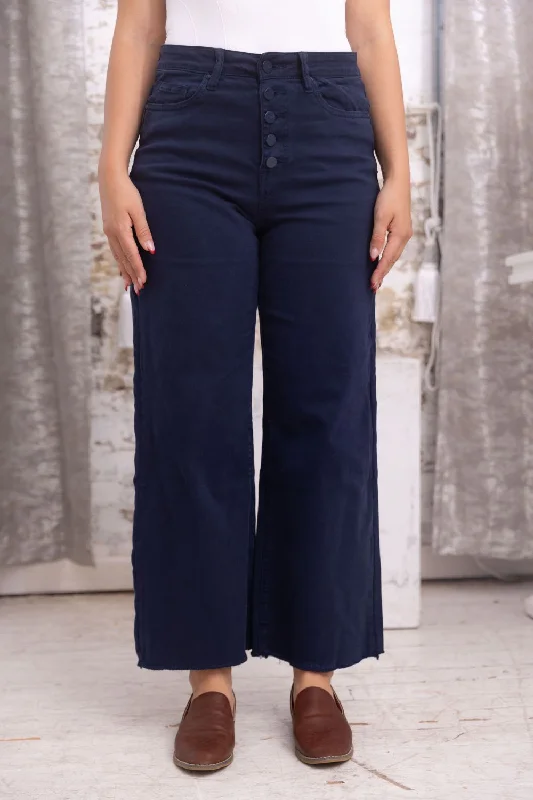 Petite Button Fly Wide Leg Jeans (Dark Navy)