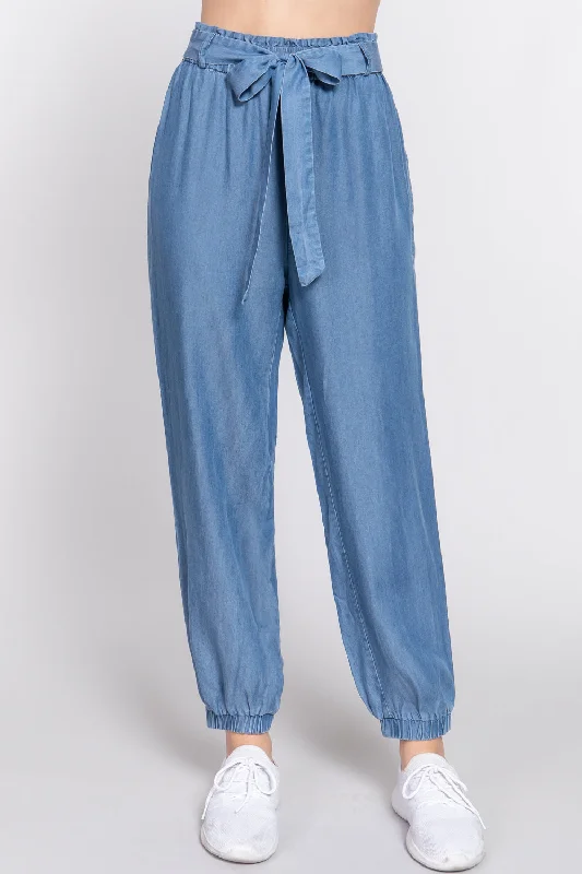 Ribbon Tie Denim Jogger Pants - Ships from The US