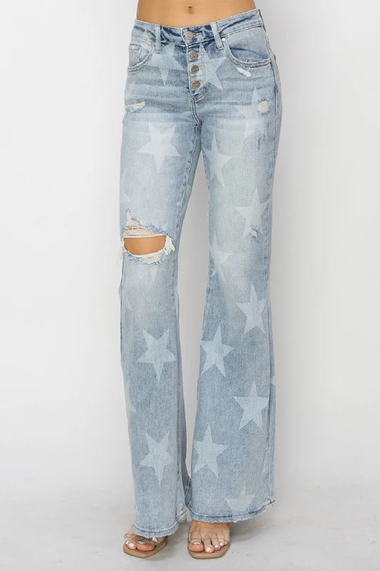 RISEN Mid Rise Button Fly Start Print Flare Jeans