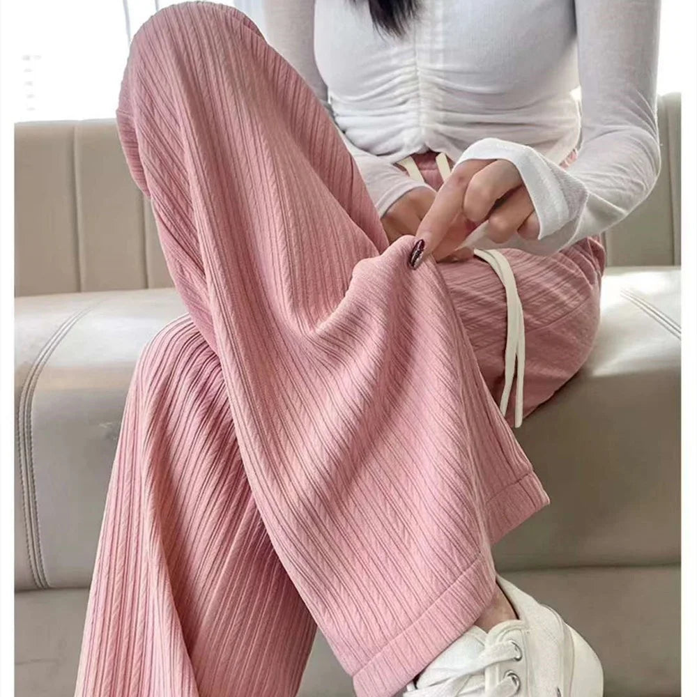 Summer Trendy Women's Solid Elastic Waist Drawstring Wide Leg Pants