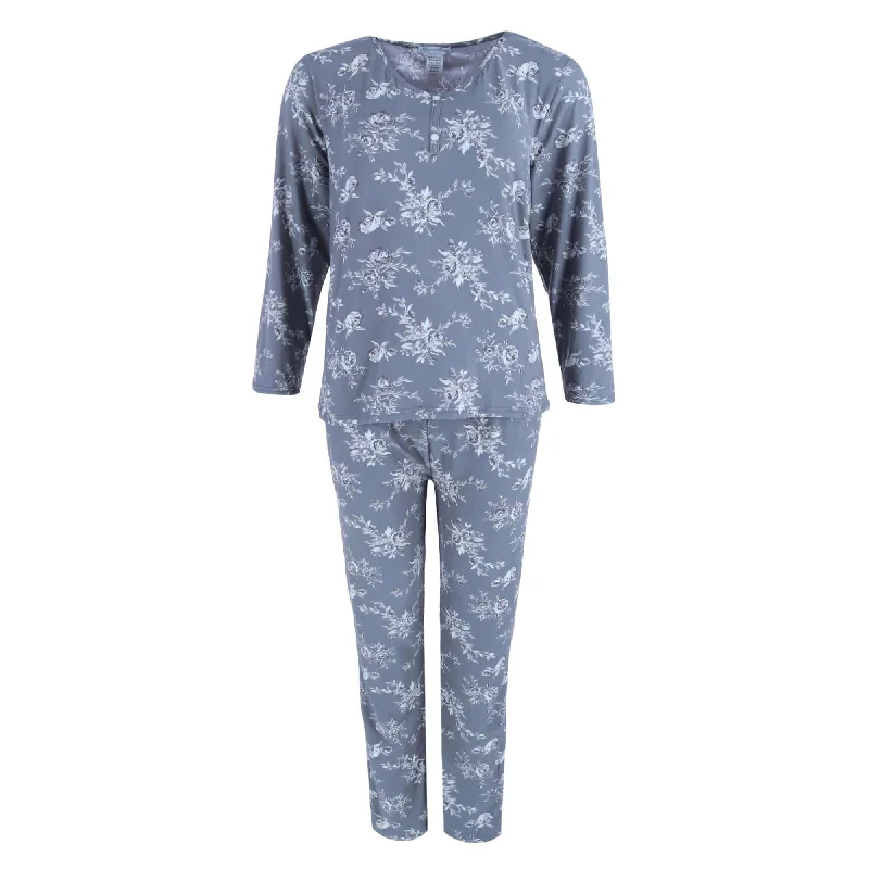 Elegant Emily Women's Plus Henley & Pant Grey Floral Set