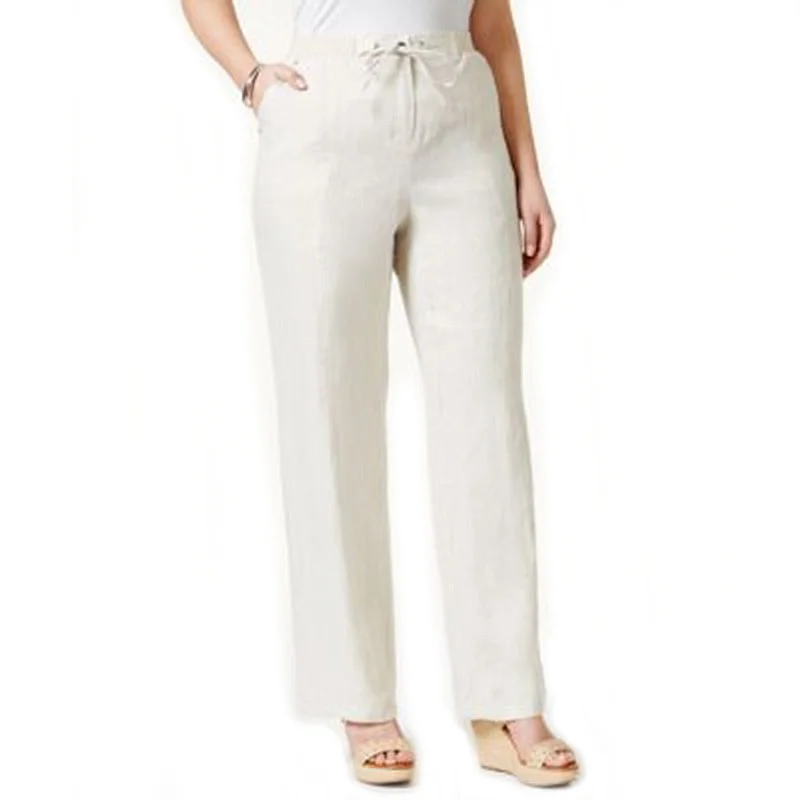 JM Collection Beige Drawstring Waist Linen Pants Plus Size