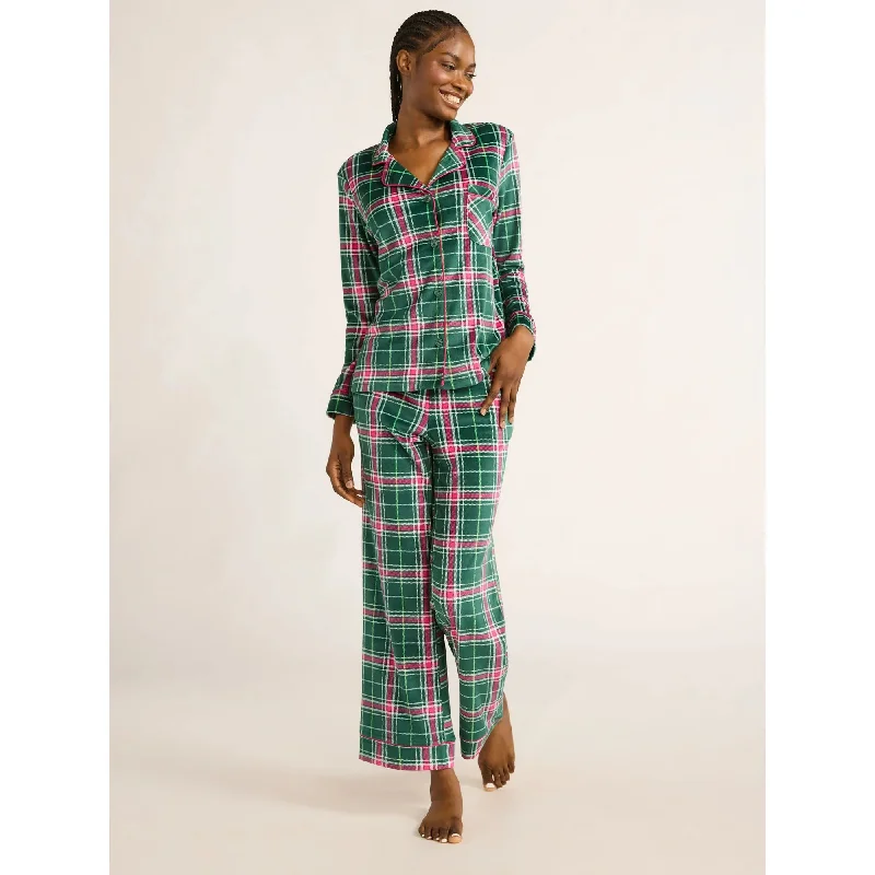 Joyspun Women's Velour Notch Collar Top and Pants Pajama Set Urban Green Holiday Plaid L