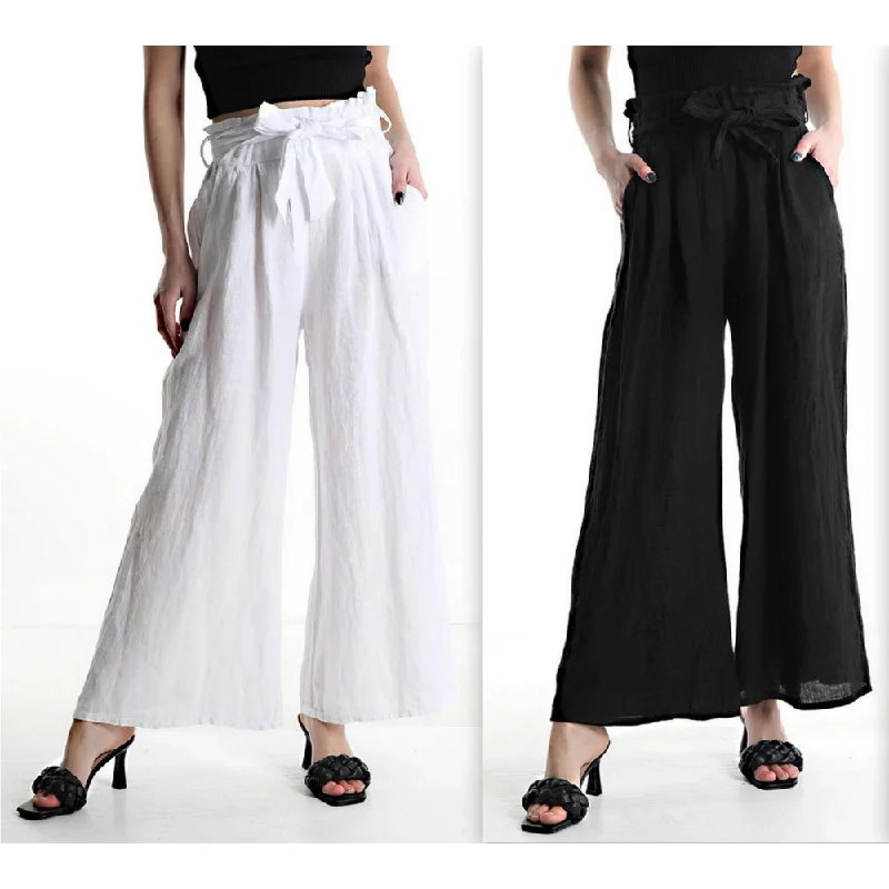 Linen & Gauze Front Tieknot Linen Black Pants (Women's)