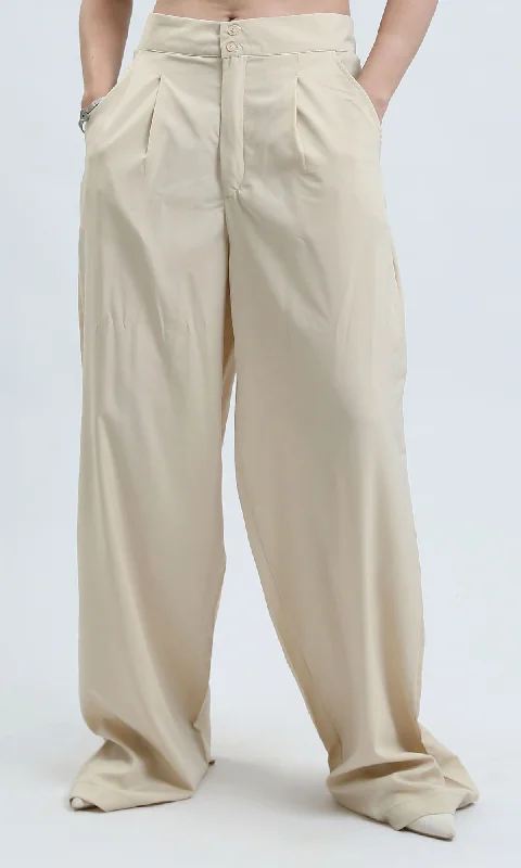 O187852 Solid Wide Leg Beige Casual Pants