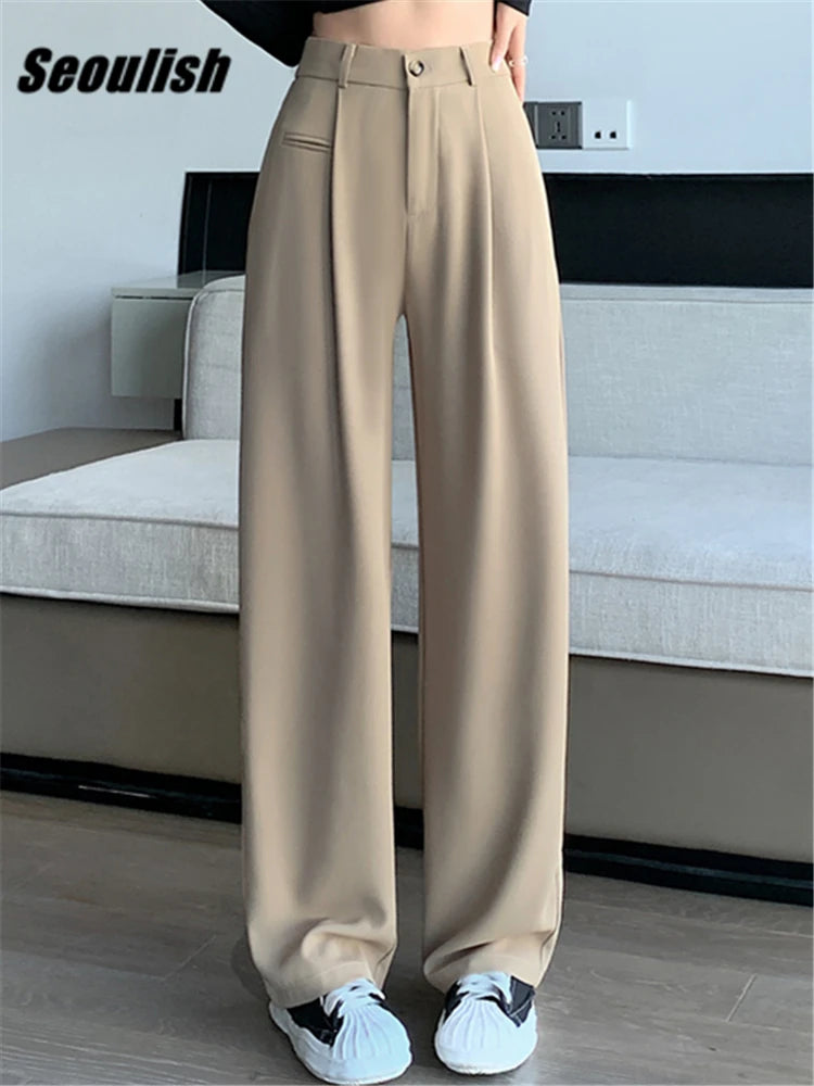 Women's Suit Pants Summer Spring Elegant Elastic High Waist Solid Casual Work