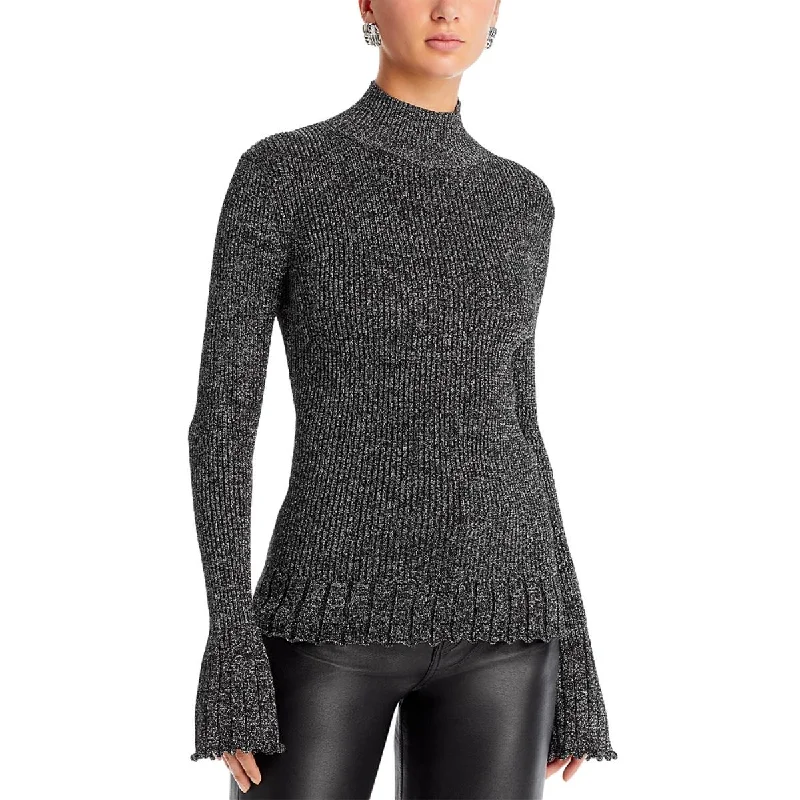 Avery Womens Scalloped Metallic Mock Turtleneck Sweater Beaded Sweater Sequined Faux Fur
