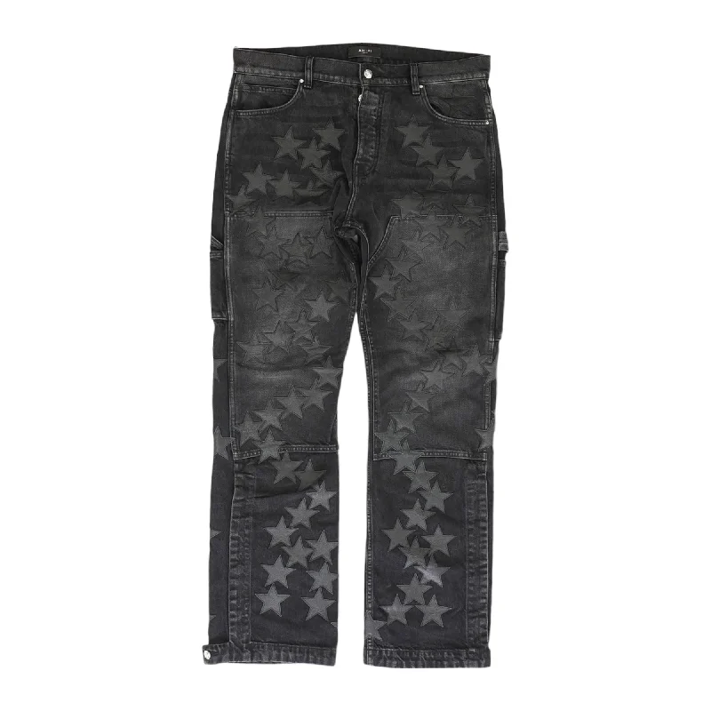 Black x Chemist Leather Star Straight Jeans Fashionable Vintage Wash Jeans