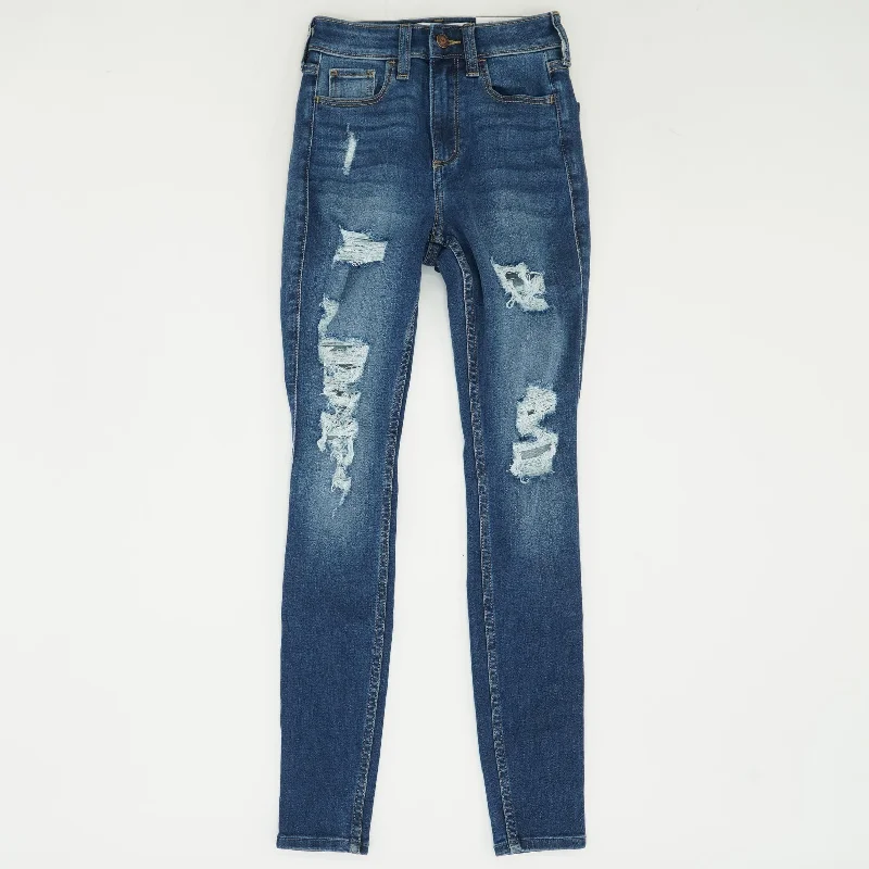 Blue Solid High Rise Skinny Leg Jeans Fashionable Frayed Hem Denim