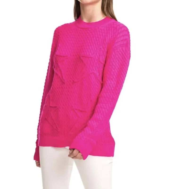 Cable Stars-Oversized Cable Sweater In Raspberry Handmade Hand-knitted Hand-woven