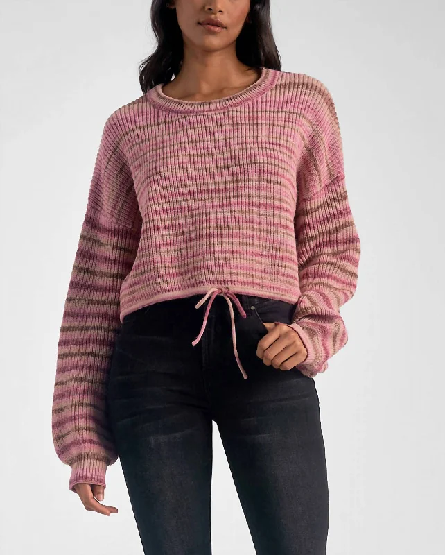 Crew Neck Sweater In Rose Stripe Open Front Closed Front Wrap Front