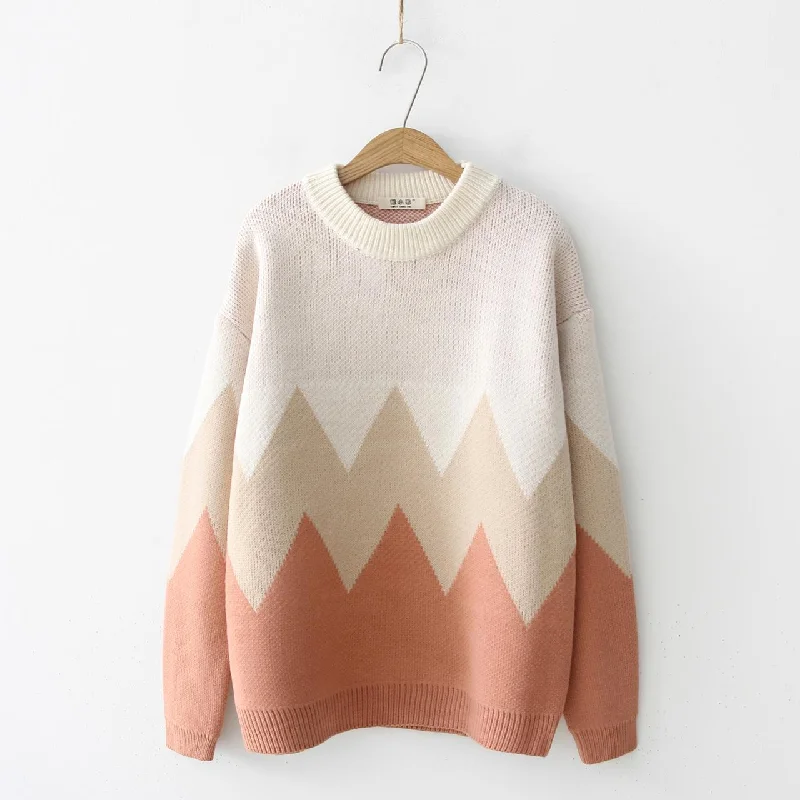 Cute round neck long sleeve sweater  037 Houndstooth Herringbone Solid