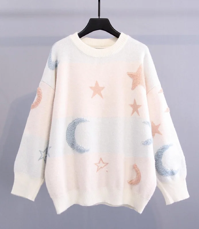 Cute star moon long sleeve sweater  032 Polka Dot Checkered Tartan