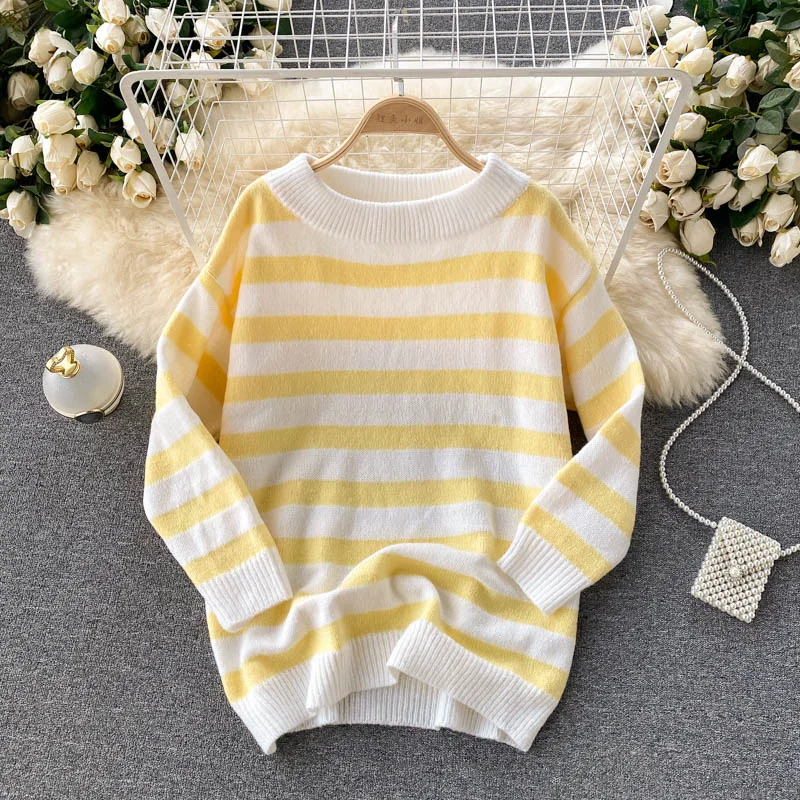 Cute striped long sleeve sweater 004 Zippered Front Buttoned Front Snap Front