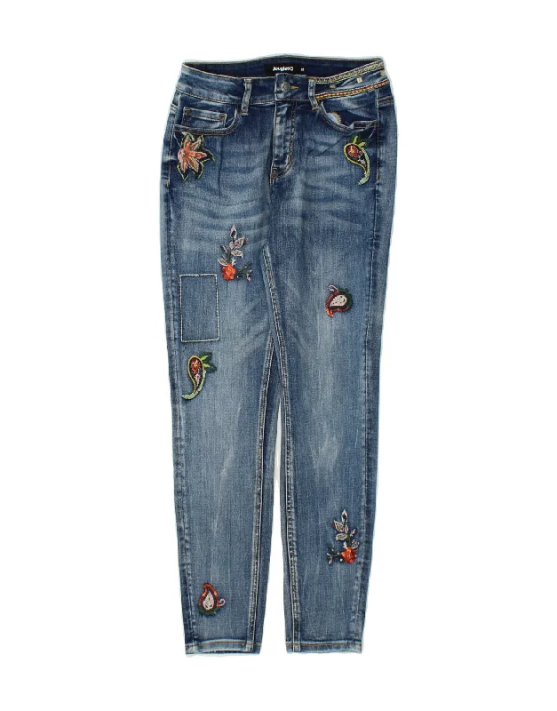 DESIGUAL Womens Graphic Skinny Jeans W28 L27 Blue Paisley Cotton Fashionable Button-Front Jeans DESIGUAL Womens Graphic Skinny Jeans W28 L27 Blue Paisley Cotton Fashionable Button-Front Jeans
