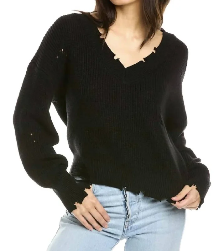 Distressed Shaker V Neck Sweater In Black Nylon Fabric Polyester Fabric Spandex Fabric Distressed Shaker V Neck Sweater In Black Nylon Fabric Polyester Fabric Spandex Fabric