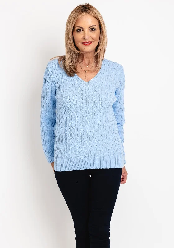 Serafina Collection V-Neck Cable Knit Sweater, Blue Wool Fabric Cashmere Fabric Tweed Fabric Serafina Collection V-Neck Cable Knit Sweater, Blue Wool Fabric Cashmere Fabric Tweed Fabric