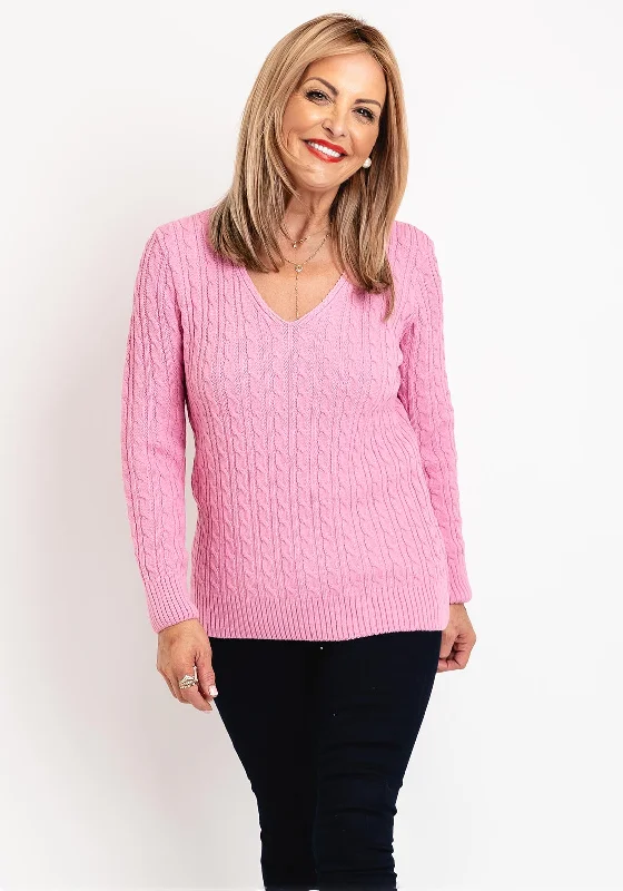 Serafina Collection V-Neck Cable Knit Sweater, Pink Fitted Slim Tailored