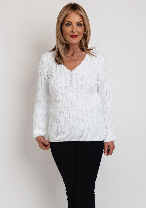 Serafina Collection V-Neck Cable Knit Sweater, White Ribbed Striped Patterned