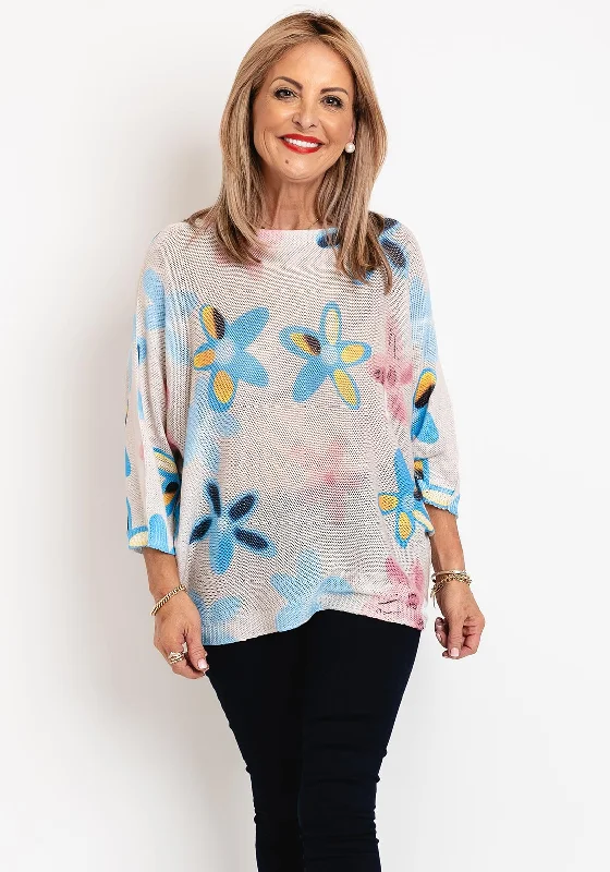 Serafina Collection One Size Floral Print Sweater, Beige Layered Multi-layer Single Layer